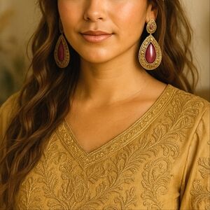 India Gem Teardrop Ruby Gold tone Cubic Zirconia Drop Earrings New Faux ruby